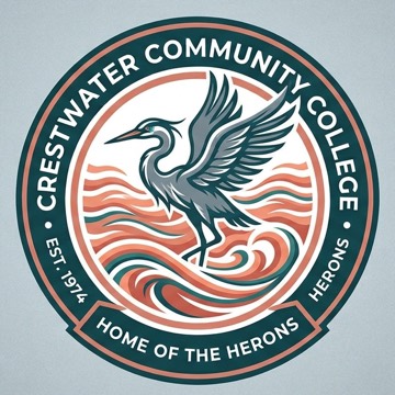 Crestwater Community College seal — a heron over water, Home of the Herons, est. 1974